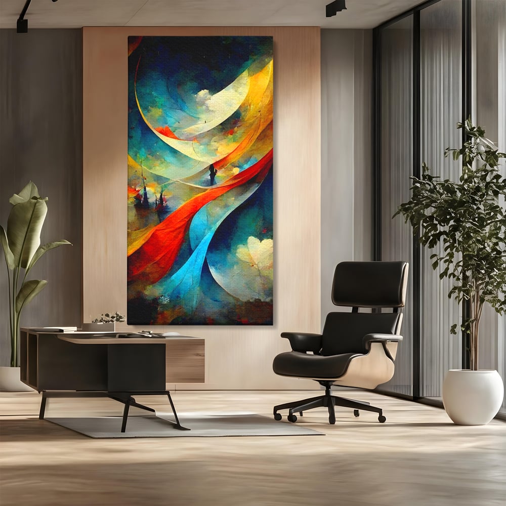 Tablou canvas cu pictura abstracta cu valuri colorate, fara rama, pe sasiu de lemn, pe perete intr-un birou